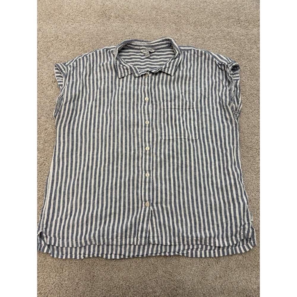 Orvis Linen Blend Top Blouse Striped L Women Blue White Coastal Beachy